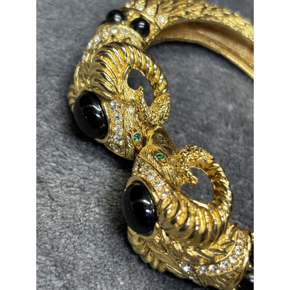 Vintage Craft Goldtone Rhinestone Black Cabochon Rams Head Clamper Bracelet - Picture 2 of 9